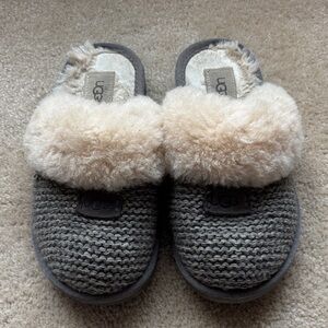 UGG Charcoal Knit Slippers with Plush Cream Fur